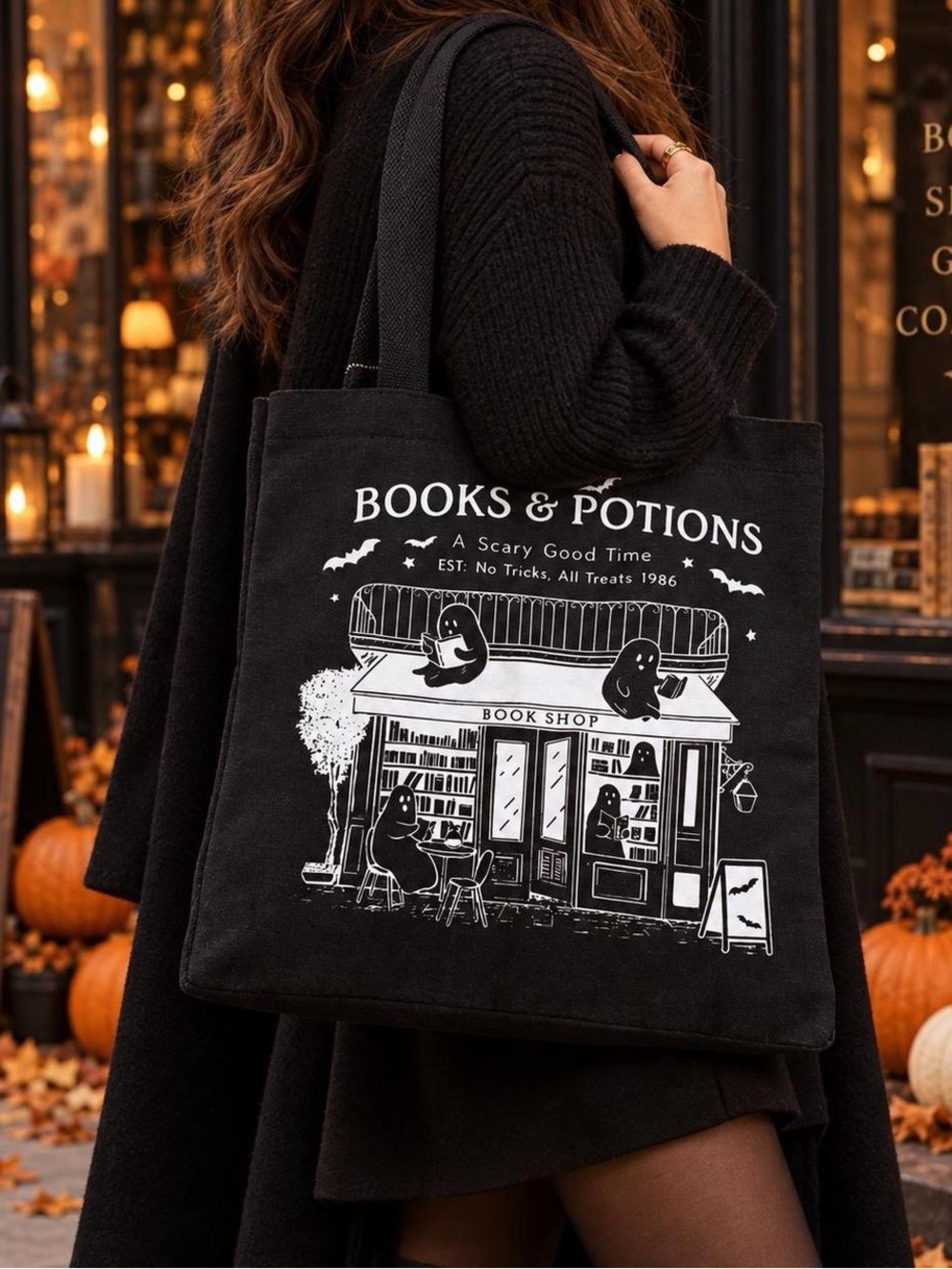 The Haunted Book Club Books & Potions Halloween Black Tote Bag
